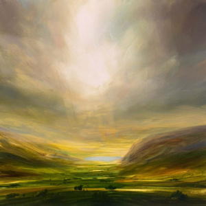 original oil on board painting featuring a dramatic landscape with hills trees and lakes captured in earth tones by Seychellois artist Harry Brioche