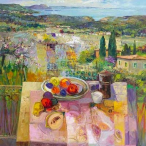 original oil on canvas painting featuring abstracted Italian landscape from balcony table adorned with fruit lunch and coffee captured in vivid colour by talented Italian artist Mario Malfer