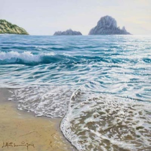 Original oil on board painting of a Spanish coastal landscape captured in bright colour by Spanish artist Juan Antonio Domínguez