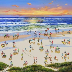 Original mixed media on canvas painting of a bustling beach sunset scene featuring 3D impasto figures captured in vivid colour using heavy mark making by Italian artist Paola Cassais
